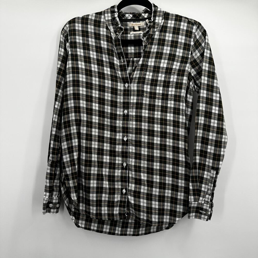 Barbour Stanton Shirt Womens UK 8 US 4 Black White Plaid Button Up Long Sleeve‎